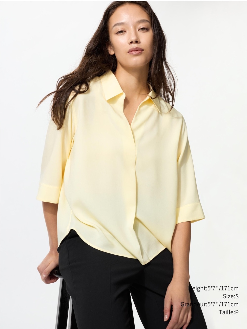 UNIQLO Rayon Skipper Collar 3/4 Sleeve Blouse | Yellow | Size L